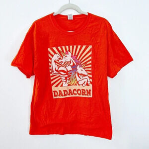 Dadacorn Mens Orange Novelty T-Shirt Sz Large Unicorn Cotton Short Sleeve